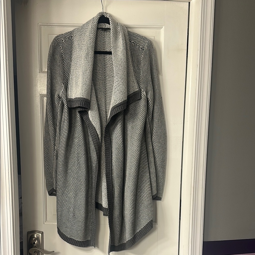 Ann Taylor Gray and White Cardigan Sweater with Waterfall Collar